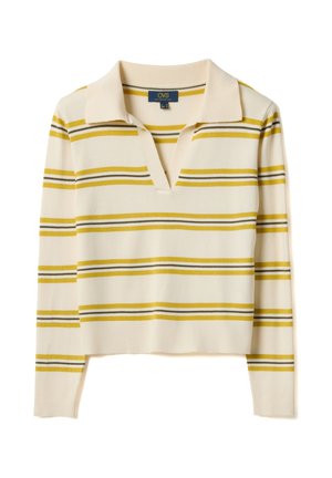 Jersey de punto de manga larga color crema con rayas horizontales amarillas y marrones, cuello abierto y dobladillo y puños acanalados.