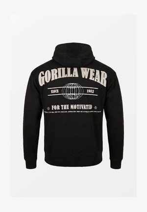 Zwarte hoodie met de tekst "GORILLA WEAR", een afbeelding van een wereldbol, "Since 1982" en de slogan "For the Motivated" op de achterkant.