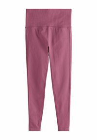 Różowe legginsy sportowe z szerokim pasem, wykonane z elastycznej tkaniny. Charakteryzują się gładką fakturą i subtelnymi detalami szwów bocznych.