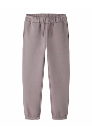 Pantalon de jogging mauve à taille élastique avec cordon ajustable, poches latérales et poignets élastiques sur fond blanc.