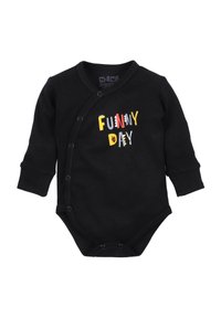 Czarny kombinezon z długim rękawem z zapięciami na napy, z kolorowym napisem "ZABAWNY DZIEŃ" z przodu, wykonany z miękkiego materiału bawełnianego.