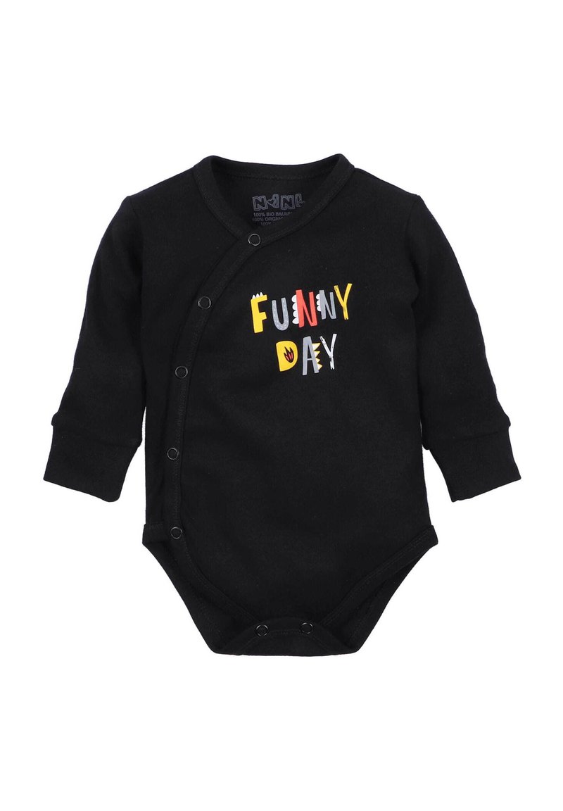 Czarny kombinezon z długim rękawem z zapięciami na napy, z kolorowym napisem "ZABAWNY DZIEŃ" z przodu, wykonany z miękkiego materiału bawełnianego.