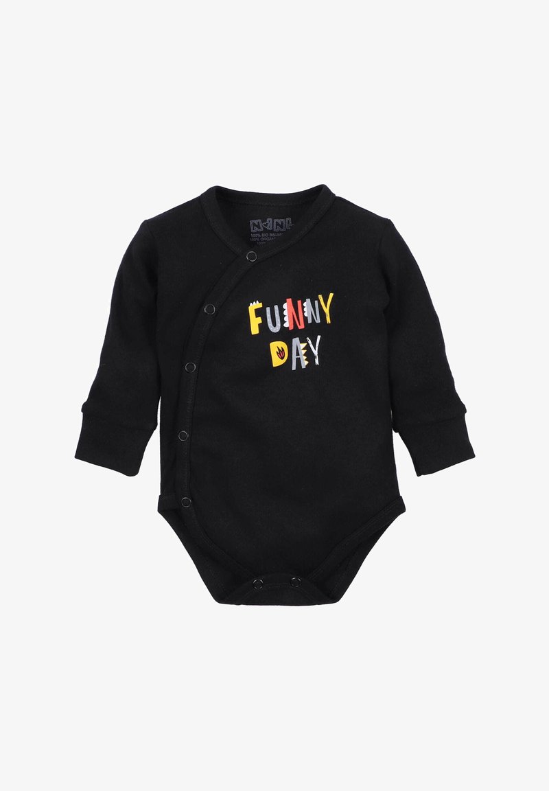 Czarny kombinezon z długim rękawem z zapięciami na napy, z kolorowym napisem "ZABAWNY DZIEŃ" z przodu, wykonany z miękkiego materiału bawełnianego.