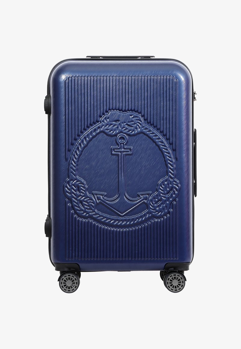 Hartschalen-Koffer in Marineblau mit geprägt Anker- und Seil-Muster, vier drehbare Rollen und seitlichem Griff.
