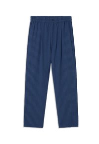 Marineblauwe, getextureerde broeken met een elastische tailleband en een knoopsluiting. Recht model met subtiele verticale strepen.