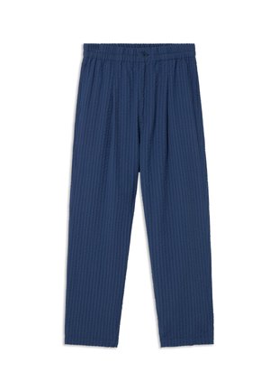 Marineblauwe, getextureerde broeken met een elastische tailleband en een knoopsluiting. Recht model met subtiele verticale strepen.