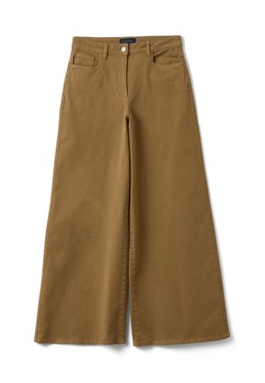 Pantalones de pierna ancha de talle alto en marrón con botón delantero, cremallera, trabillas para cinturón, dos bolsillos delanteros y un bolsillo para monedas.
