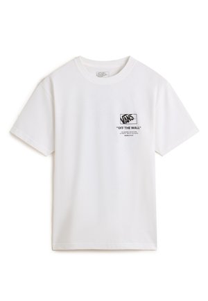 Biały T-shirt Vans z krótkim rękawem, z logo "Vans" i napisem "Off The Wall" po lewej stronie klatki piersiowej.