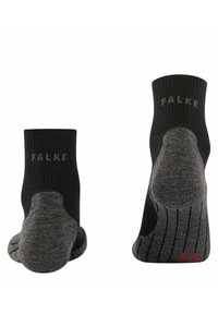 Czarno-szare skarpetki ankle marki Falke z żebrowanym wykończeniem, wyściełaną podeszwą i subtelnym logo, charakteryzujące się mieszanką tekstur i wzorów.