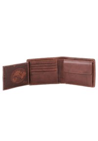Portafoglio in pelle marrone con più slot per carte, una tasca per contanti e una stampa decorativa sulla fodera interna. Texture liscia, design a due ante.