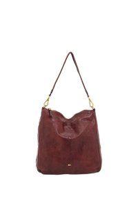 Borsa hobo in pelle marrone con una superficie morbida e testurizzata, dotata di una parte superiore curvata, un accento in metallo dorato e una singola tracolla.