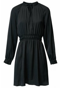 Robe noire à manches longues avec taille et poignets élastiqués, encolure ronde avec lien à l'avant, et jupe ample et fluide.