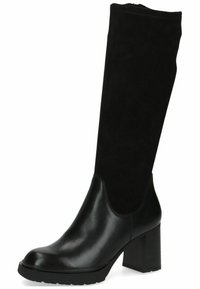 Botas negras hasta la rodilla con punta y talón de cuero liso, parte superior de ante suave, tacón grueso y suela de goma texturizada para agarre.