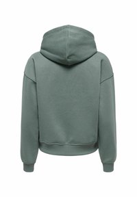 Lichtgroene cropped hoodie met een ruime capuchon, dropped schouders, geribde manchetten en een gladde textuur, ontworpen voor comfort en casual gebruik.
