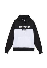 Sudadera con capucha que presenta una sección superior negra y una sección inferior blanca, con "SPORT CLUB LONDON 2028" impreso de forma prominente en el frontal.