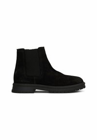 Zwarte suède Chelsea-boots met elastische zijkanten, ronde neus en een getextureerde rubberen zool. Voorzien van minimale branding op de hak.