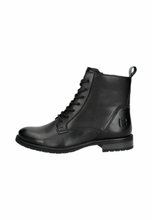 Schwarze Leder-Stiefeletten mit Schnürdesign, abgerundeter Zehenpartie, kleinem Absatz und einer Schlaufe auf der Rückseite für ein einfaches An- und Ausziehen. Kontaktlogo an der Seite.