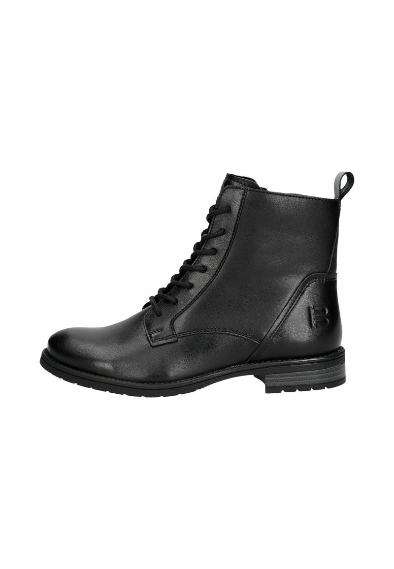 Black leather ankle boots with lace-up design, rounded toe, small heel, and a loop on the back for easy wearing. Contact logo on side.