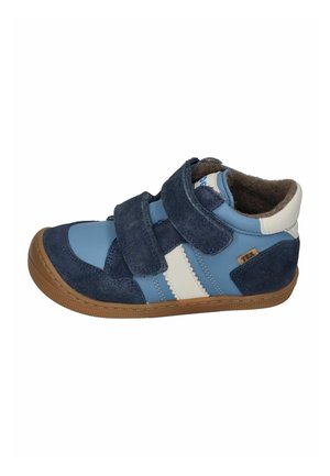 Blue and navy toddler shoe with two adjustable straps, white side stripes, brown sole, and soft inner lining.
