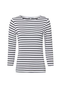 Long-sleeve T-shirt in white with black horizontal stripes. Features a round neckline and a fitted design. Made of lightweight fabric.