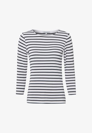 Langärmliges T-Shirt in Weiß mit schwarzen horizontalen Streifen. Verfügt über einen runden Halsausschnitt und eine taillierte Passform. Aus leichtem Stoff gefertigt.