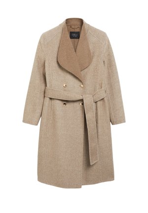 Manteau en laine beige à double boutonnage avec large col à revers, ceinture assortie et boutons dorés, longueur jusqu'au genou et manches longues.
