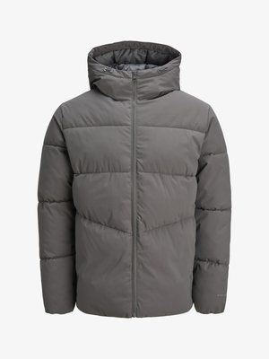 Hall puffer jope, millel on kapuuts, täispikk tõmblukk, tikandmuster ja sile, veidi läikiv tekstuur.