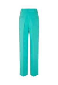 Pantalons turquoise à coupe droite, avec un devant plat, deux poches arrière et une texture lisse. Taille ajustée avec passants de ceinture.