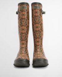 Knee-high rubber boots featuring a dark green base with intricate copper floral patterns, gold logos, and adjustable side buckles.