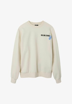 Cremefarbenes Sweatshirt mit gerippten Bündchen und Saum. Mit dem Text "ROLLING STONES" und einem blauen Zungenlogo auf der linken Vorderseite.