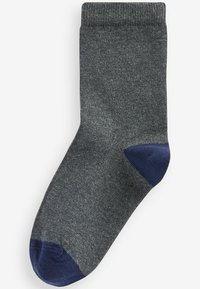 Chaussette en coton grise avec un renforcement au niveau du talon et des orteils en bleu marine, présentant un bord côtelé et une texture lisse sur l'ensemble.