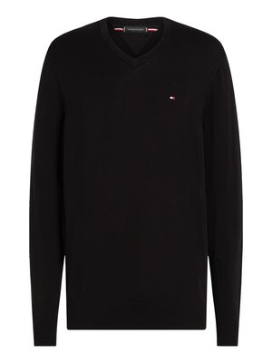 Maglione nero a V con maniche lunghe, polsini e orlo a coste, realizzato in tessuto morbido con un piccolo logo ricamato sul petto.