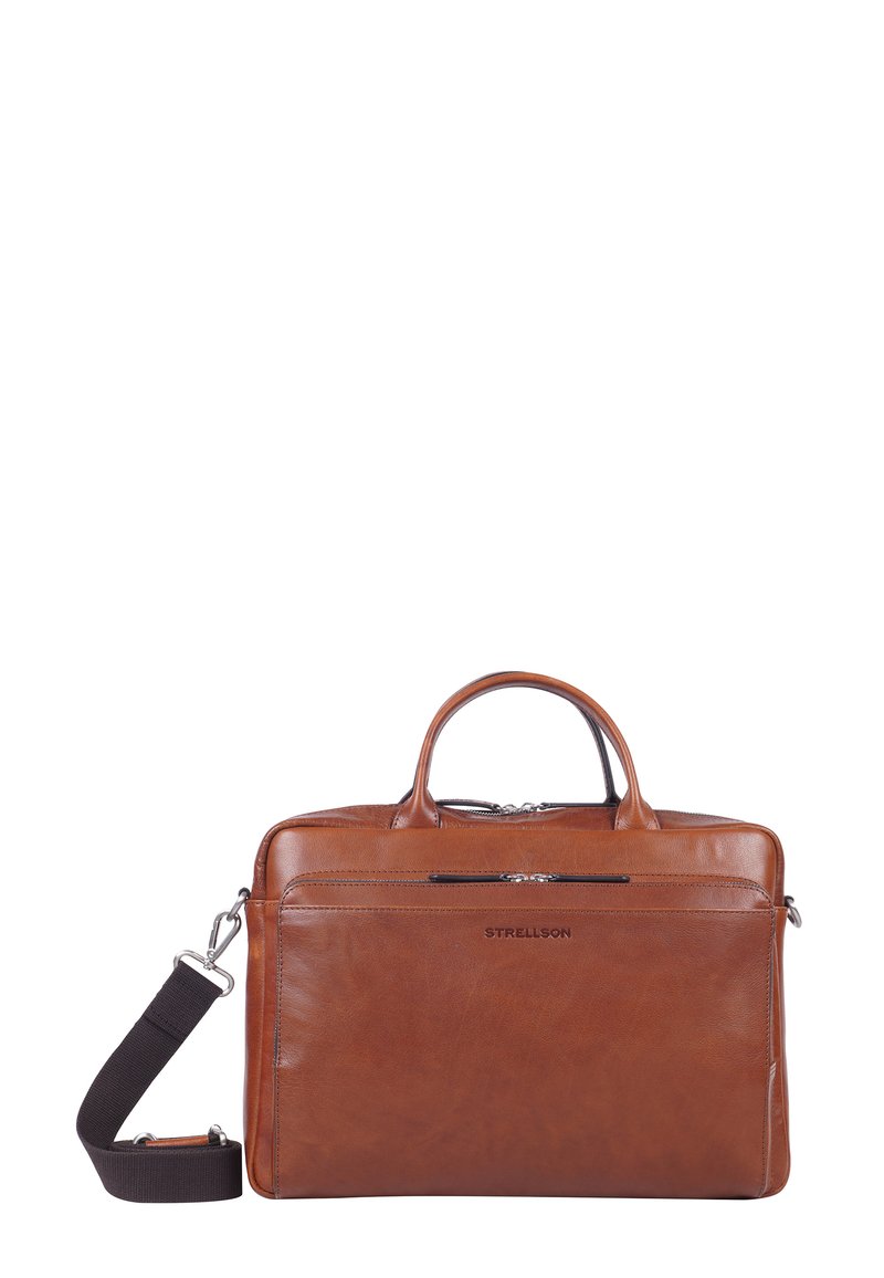 Borsa per laptop in pelle marrone con manici doppi, tracolla staccabile, tasca anteriore con zip e una superficie liscia. Presenta un marchio sul fronte.