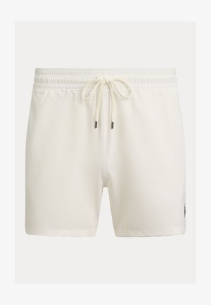 Chiloți de baie albi cu talie elastică și șnur frontal, confecționați dintr-un material neted, prezentați pe un fundal simplu.