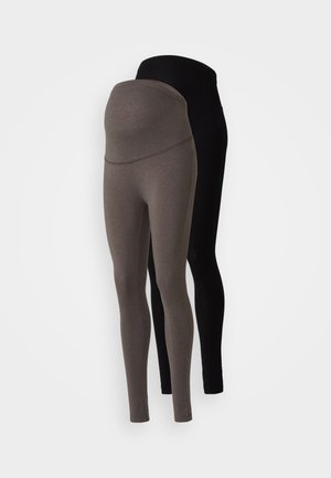 Due coppie di leggings premaman: una in grigio scuro con una cintura spessa, e l'altra nera, entrambe realizzate in tessuto elasticizzato.