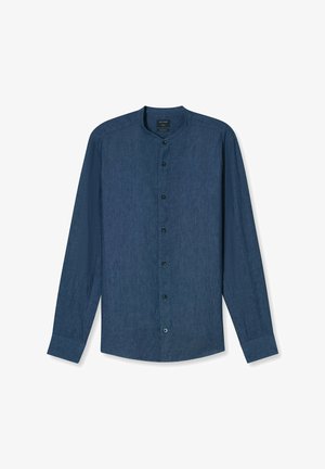 Camicetta lunga a maniche con colletto alla mandarina di colore blu scuro, con tessuto texturizzato e bottoni neri lungo la parte anteriore.