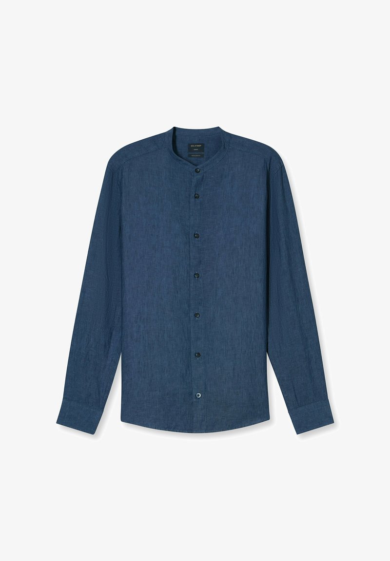 Donkerblauw, langemouwen shirt met een mandarinakraag, voorzien van een gestructureerde stof en zwarte knopen aan de voorkant.