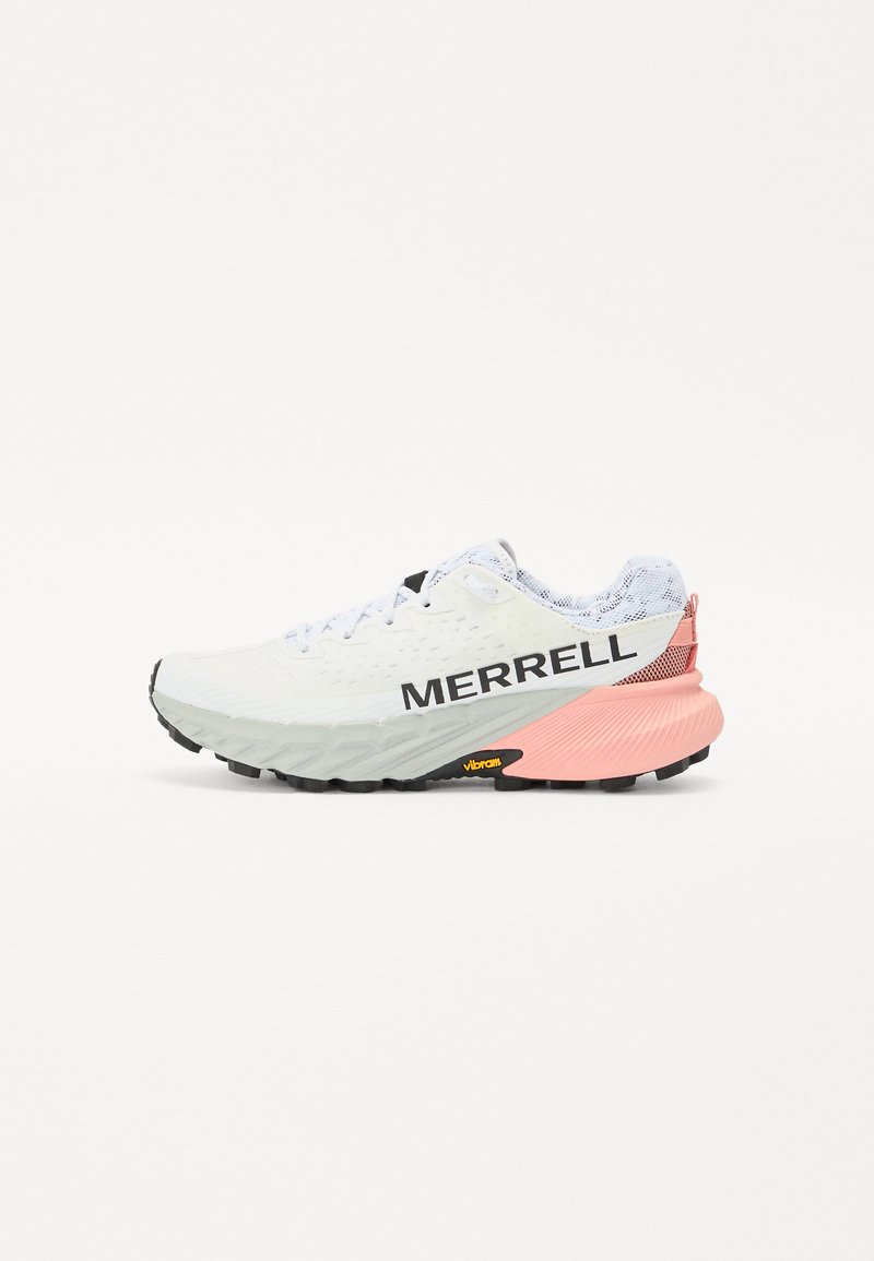 Lightweight trail running shoe in white and pink. Features textured upper, black logo, cushioned sole, and Vibram grip on the outsole.