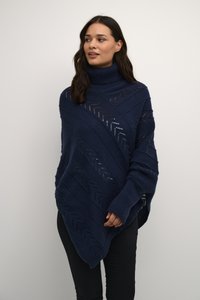 Navy gestrickter Poncho mit Rollkragen, mit einem strukturierten Muster aus Streifen und durchbrochenen Details. Lockere Passform, weicher Stoff.