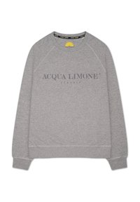 Grå sweatshirt med rund halsringning, raglanärmar, ribbad mudd och nederkant. Har texten "ACQUA LIMONE classic" i en mörkare nyans.