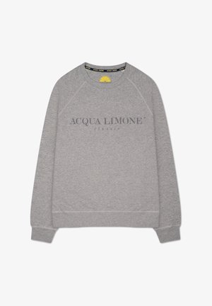 Grå sweatshirt med rund halsringning, raglanärmar, ribbad mudd och nederkant. Har texten "ACQUA LIMONE classic" i en mörkare nyans.