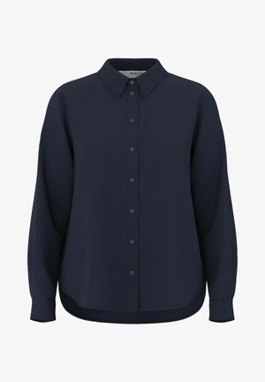 Laivaston sininen pitkähihaisen nappipaidan, jossa on klassinen kaulus, sileä rakenne ja pyöristetty helma. Minimalistinen muotoilu, jossa on yhteensopivat napit.