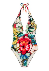 Maillot de bain une pièce à motif floral avec un décolleté en V profond, des liens autour du cou et un accent circulaire à l'avant. Motif de fleurs colorées sur un fond clair.