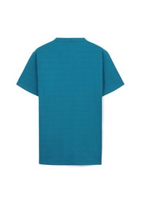 Chemise à manches courtes teal en tissu texturé, avec un col rond et un design épuré et minimaliste.
