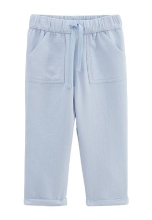 Pantalon bleu clair pour tout-petit avec revers roulés, poches plaquées à l'avant, taille élastique et cordon de serrage à l'avant.