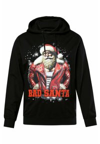 Felpa nera con una grafica di Babbo Natale in giacca di pelle rossa, con bordo in pelliccia bianca, e la scritta "BAD SANTA" in lettere rosse in grassetto.