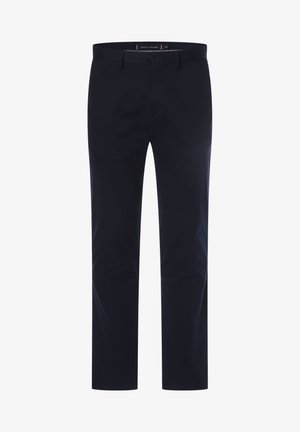 Pantalones azul marino fabricados en algodón con una textura suave. Cuentan con cierre de botón y un diseño de pierna recta estándar.