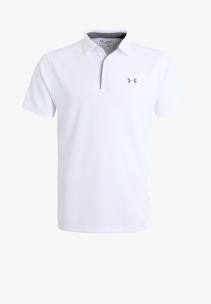 Hvid polo t-shirt med tekstureret stof, korte ærmer og krave med lynlås. Indeholder et gråt logo på venstre bryst.