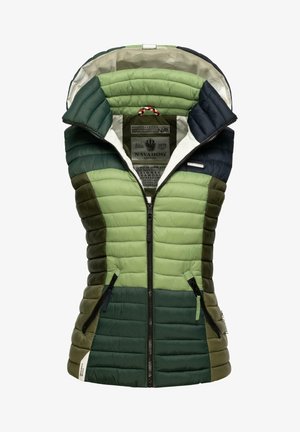 Padded vest featuring a mix of dark green, light green, and navy panels. Zippered front, two side pockets, and a hood. Textured design.