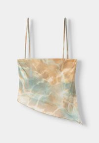 top corto con spalline sottili, realizzato in tessuto leggero. Presenta un motivo astratto in tonalità beige, azzurro chiaro e bianco tenue.